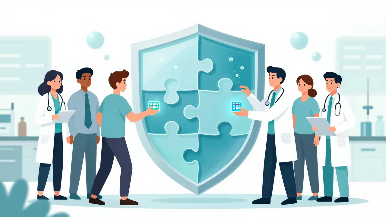 Un patient, un médecin et un pharmacien assemblant un bouclier de données médicales.
