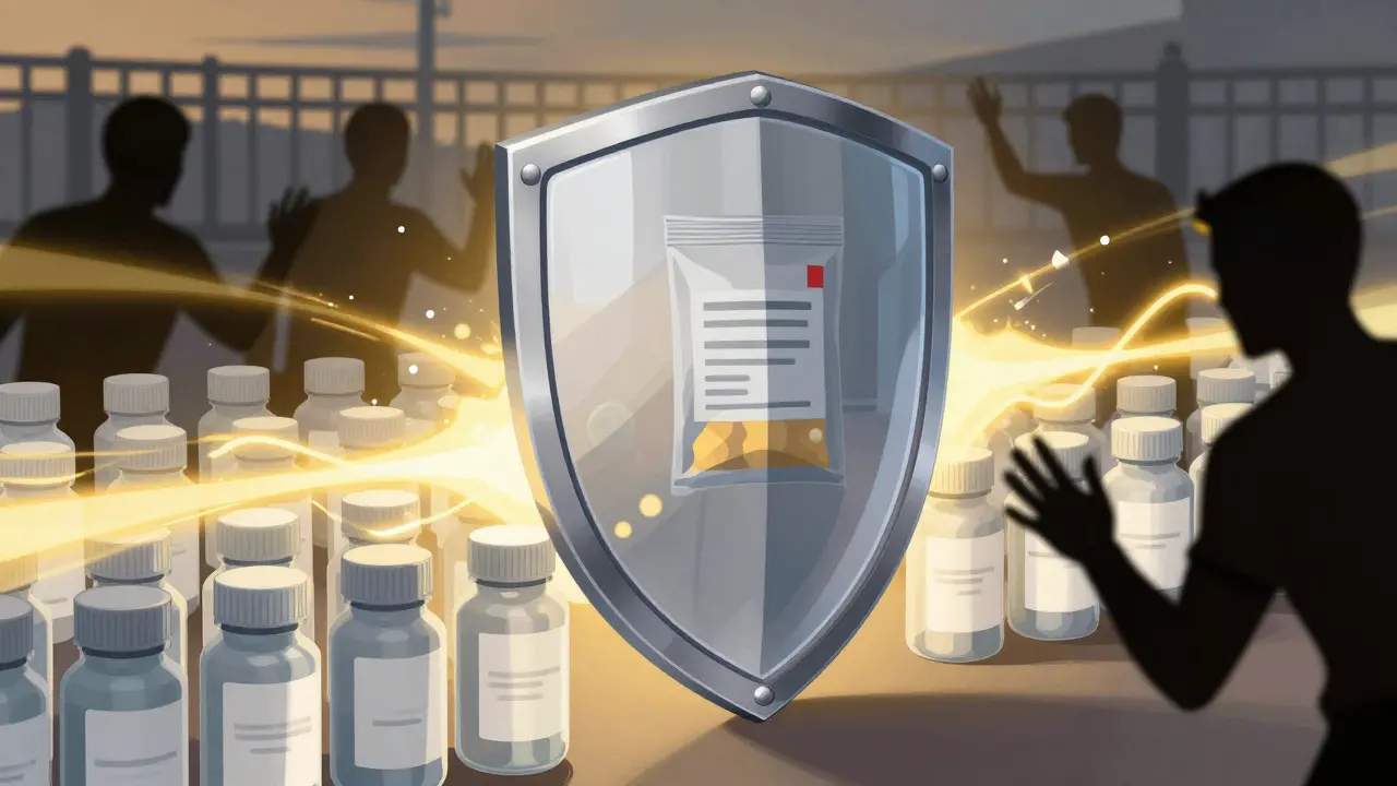 Une barrière énergétique protectrice bloquant des contrefaçons près de médicaments légitimes.