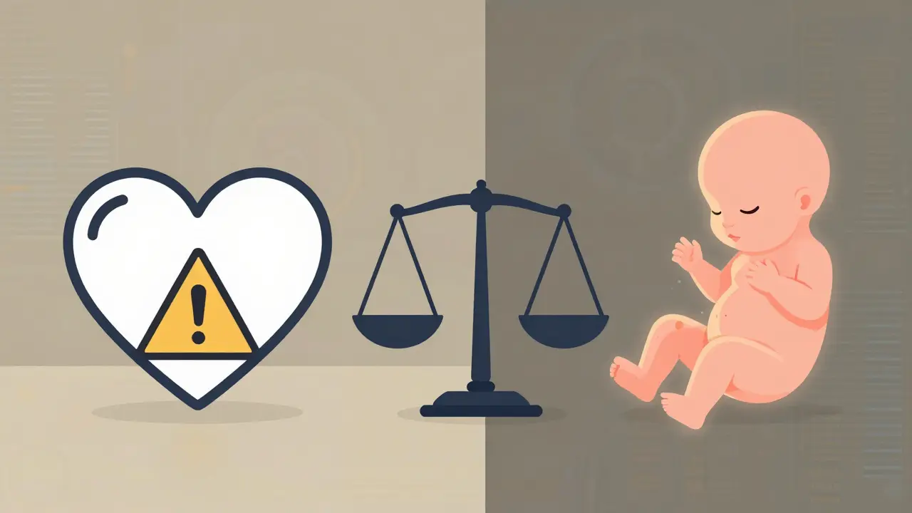 Balance symbolisant le choix médical entre risque cardiaque et sécurité fœtale