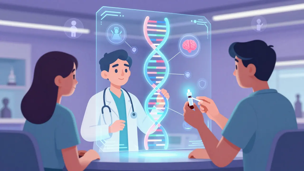 Consultation médicale futuriste montrant le dépistage génomique préemptif et diversifié