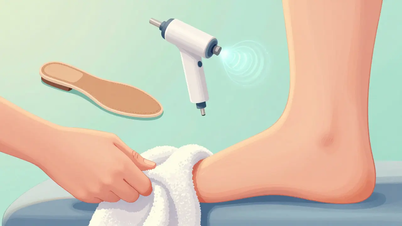 Étirement du pied avec serviette et semelles orthopédiques