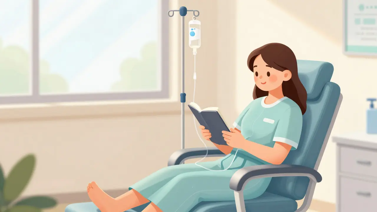 Patient relaxé recevant une perfusion IVIG dans un centre médical moderne