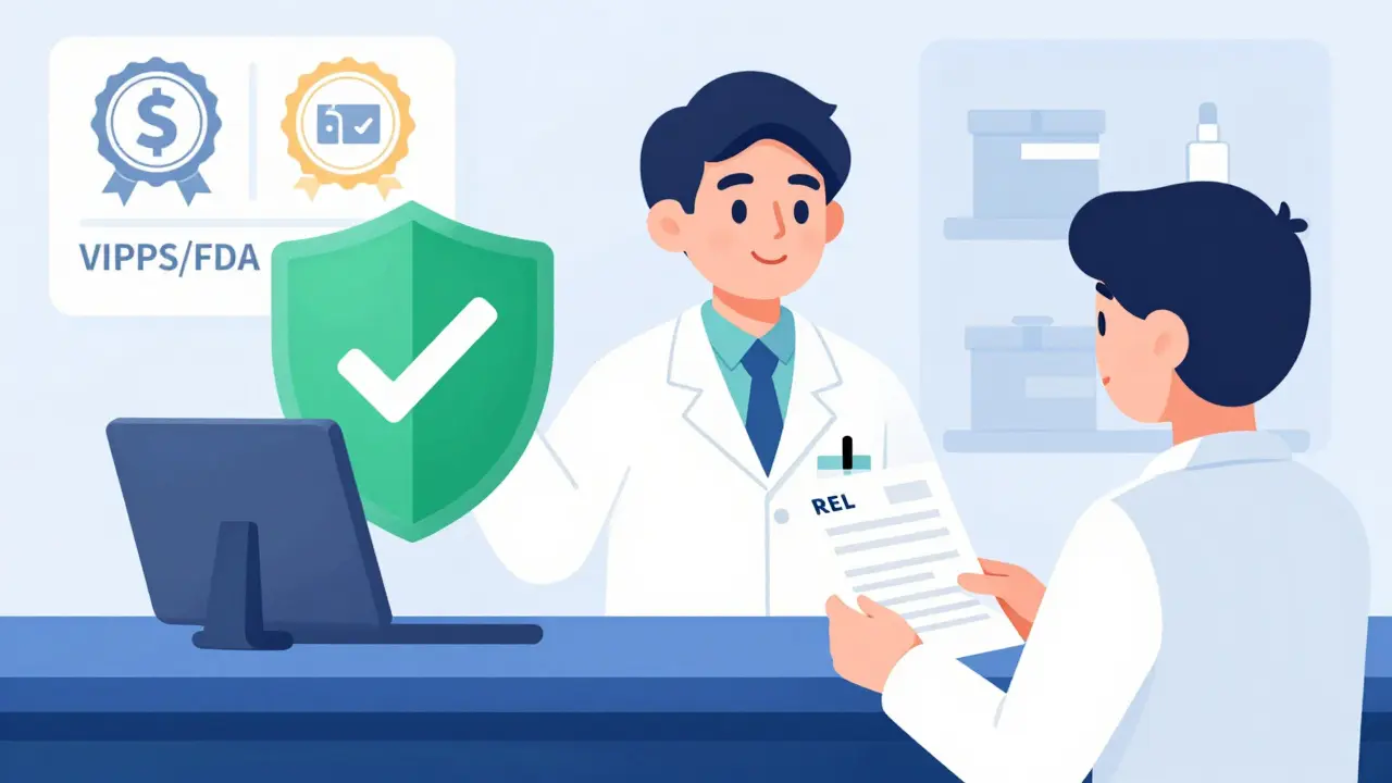 Pharmacien professionnel validant la sécurité d'une pharmacie en ligne certifiée