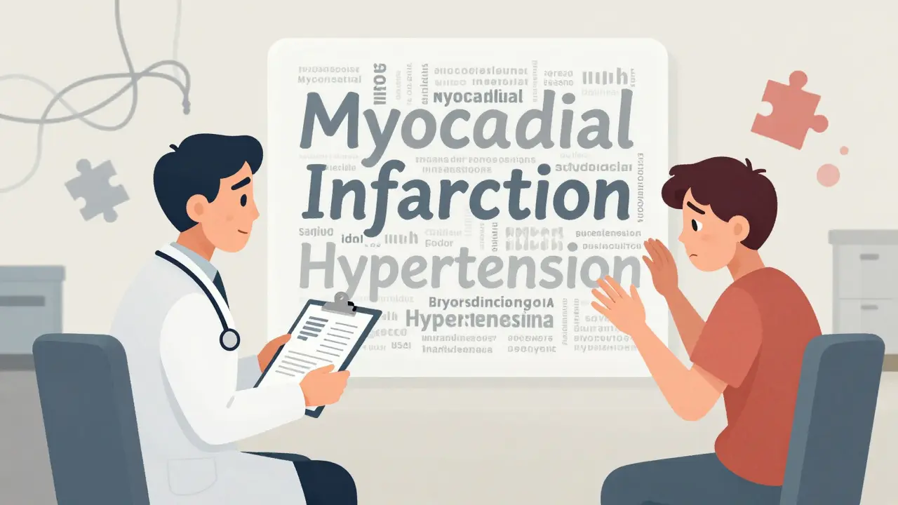 Un médecin et un patient séparés par un mur de jargon médical incompréhensible dans une illustration.