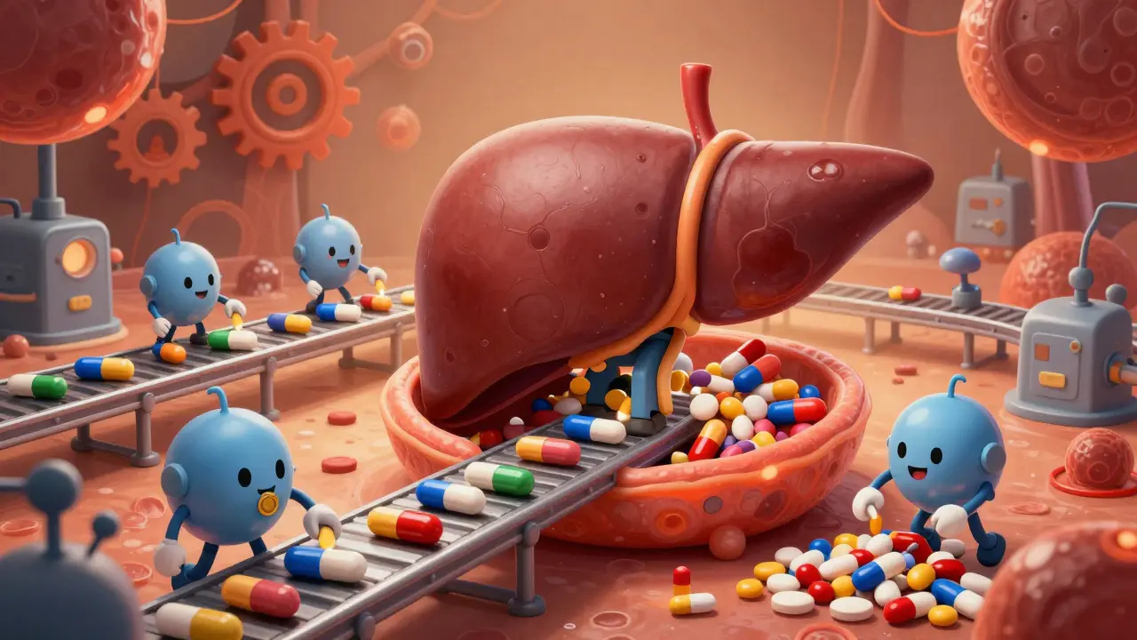 Vue microscopique cartoon du foie traitant les médicaments via des enzymes stylisées