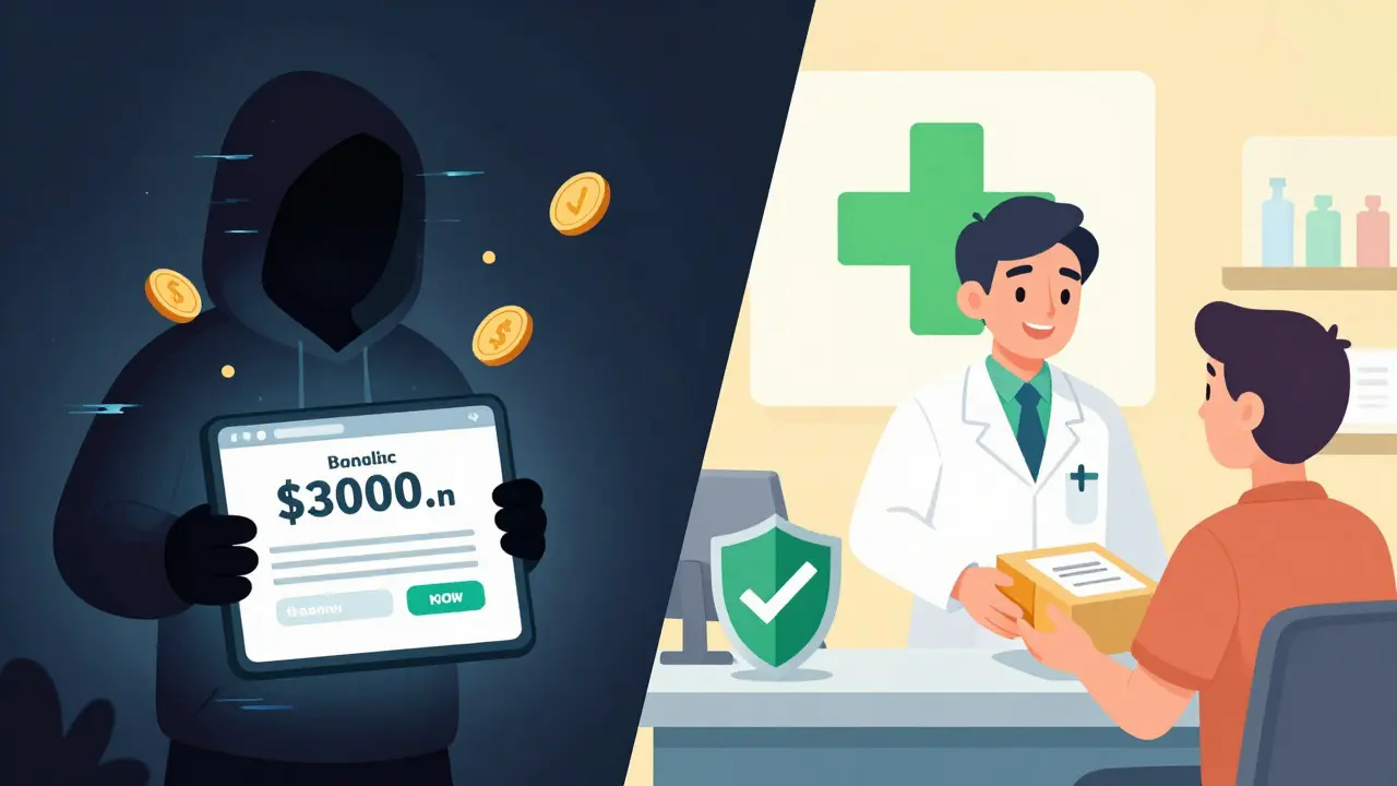 Comparaison visuelle entre une arnaque pharmaceutique en ligne et une pharmacie certifiée
