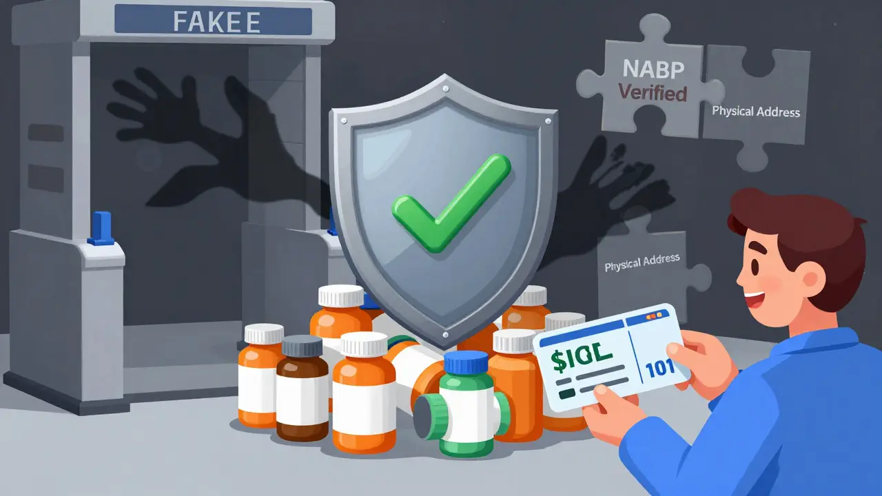 Illustration de sécurité : bouclier protégeant contre les pharmacies frauduleuses