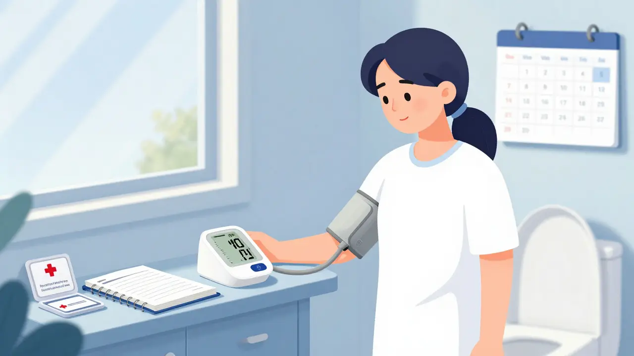 Personnage mesurant sa tension artérielle avec calme, entouré d'un journal alimentaire et d'une carte d'urgence.