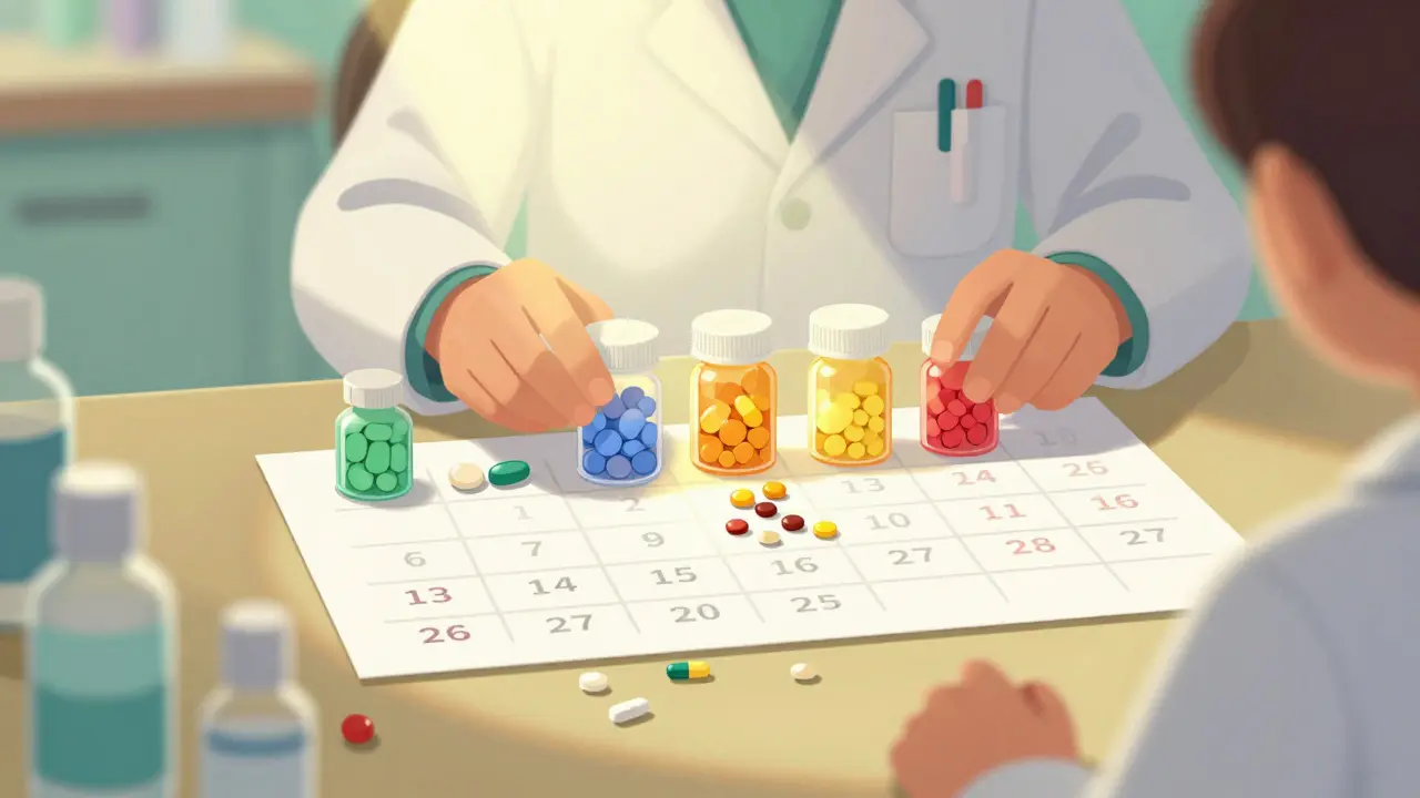 Pharmacien organisant des pilules dans un calendrier synchronisé ordonné