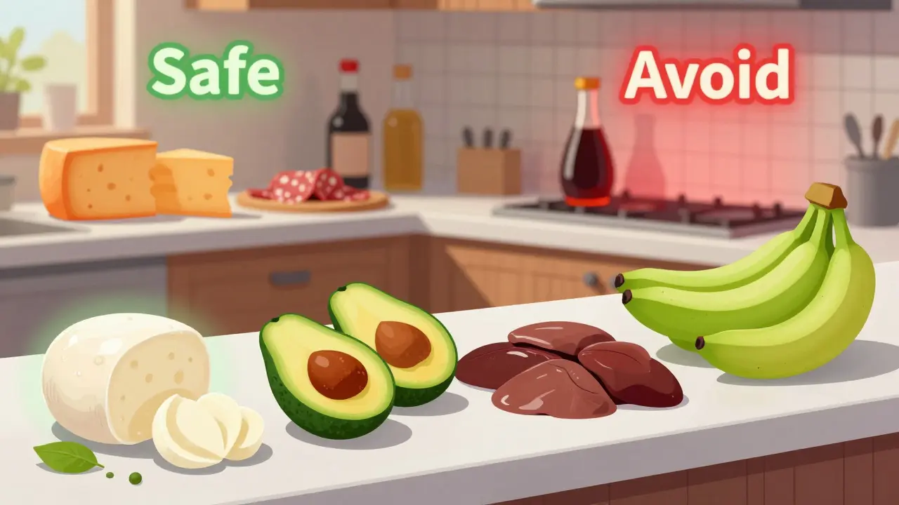 Scène de cuisine illustrant les aliments sûrs (fromage frais, avocat) versus ceux à éviter (viandes séchées, sauce soja).