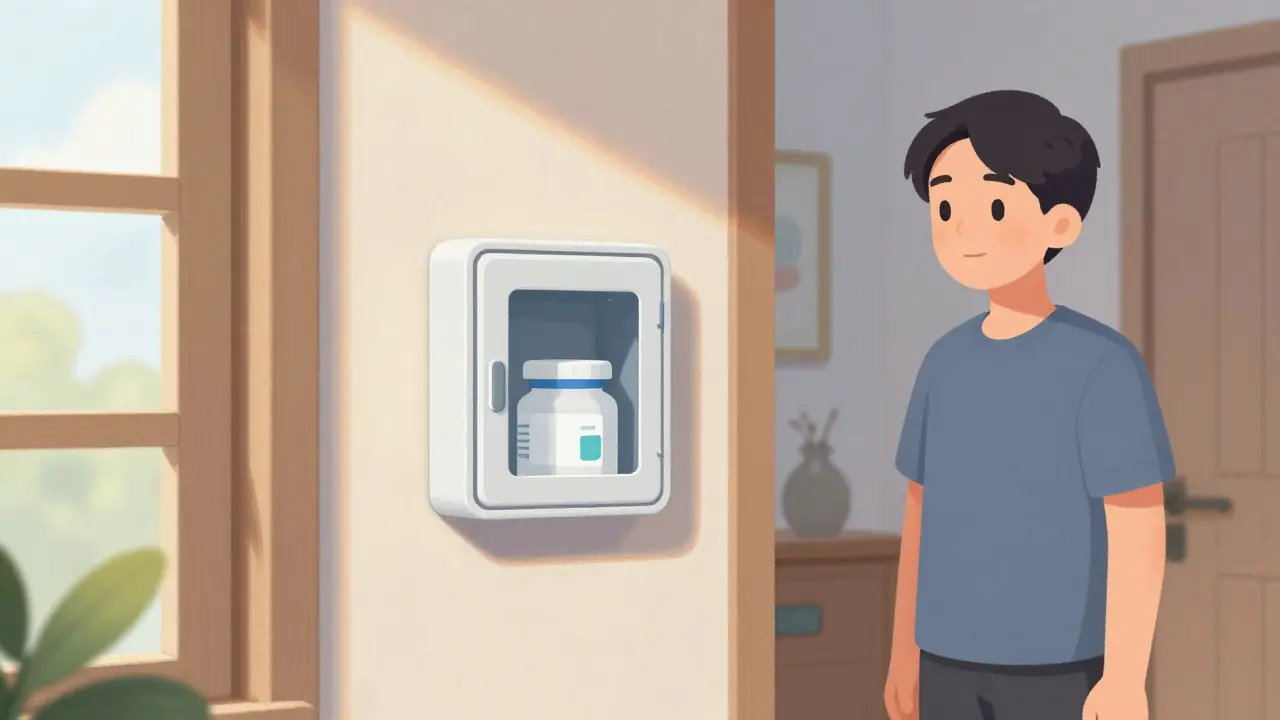 Boîte à médicaments sécurisée fixée au mur, inaccessible aux enfants mais pratique pour l'adulte