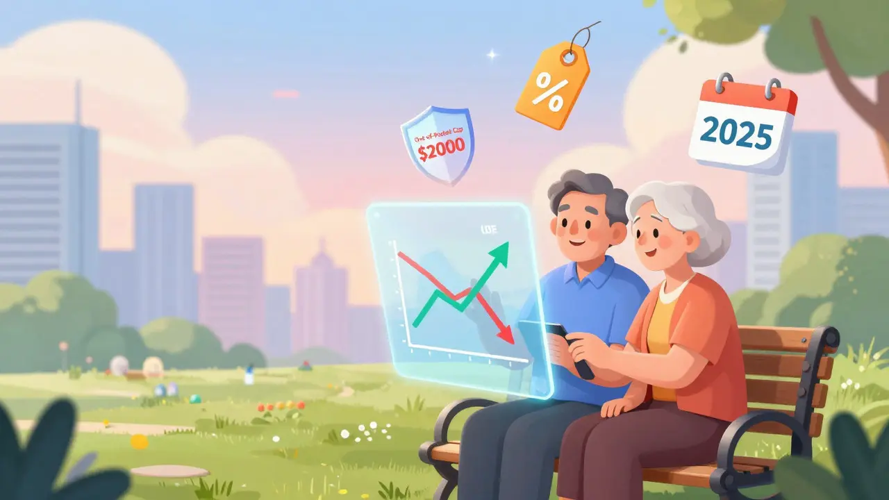 Elderly couple viewing holographic cost savings data in a peaceful park setting