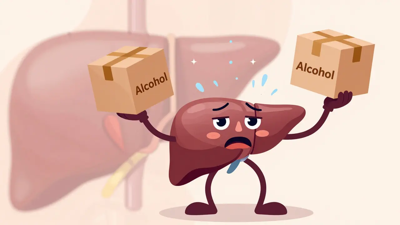 Foie anthropomorphique stressé gérant alcool et médicaments