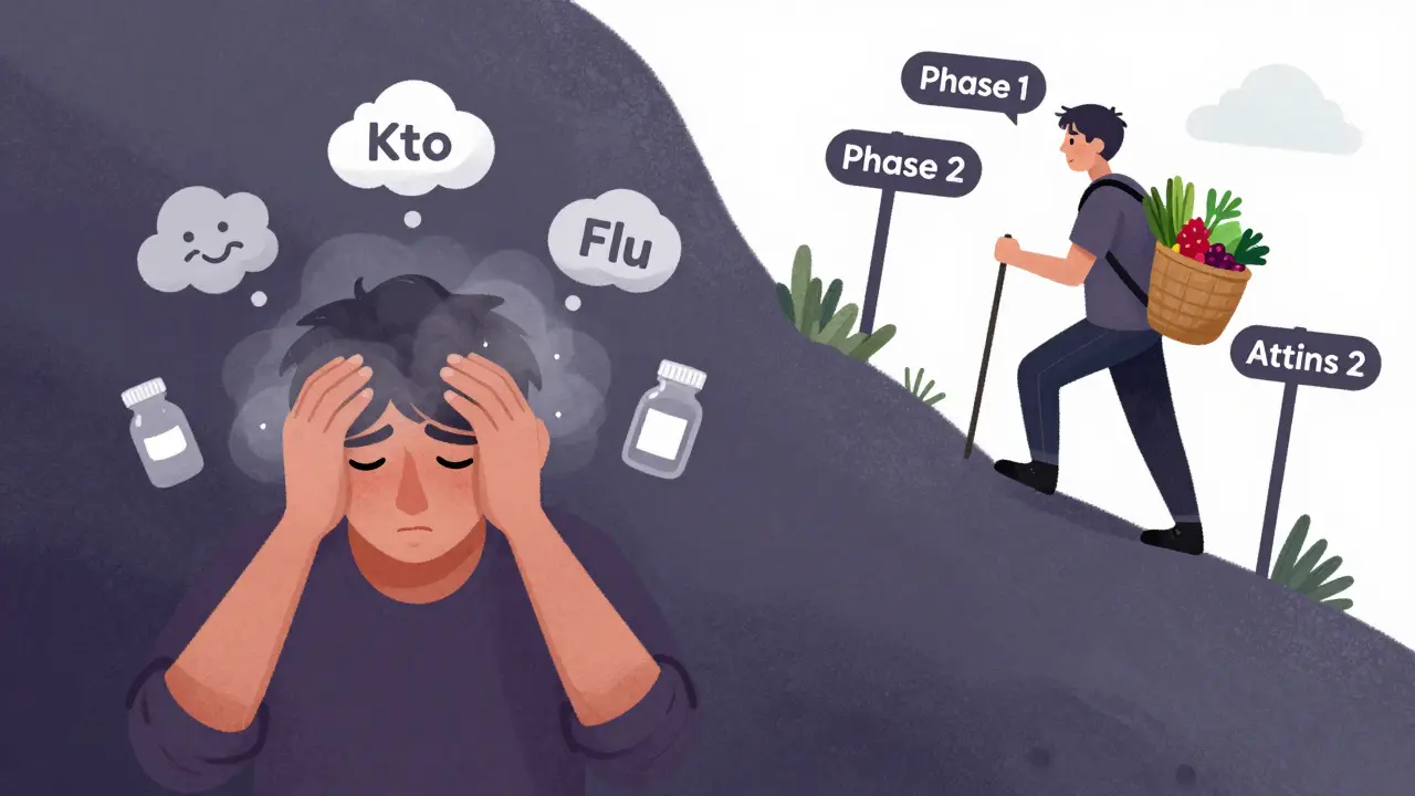 Illustration du 'keto flu' douloureux versus l'adaptation douce des phases Atkins