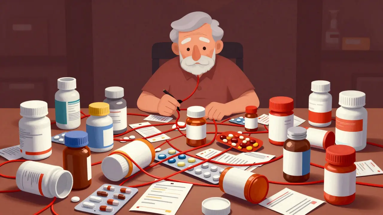 Illustration du chaos de la polypharmacie : piles de médicaments et liens complexes.