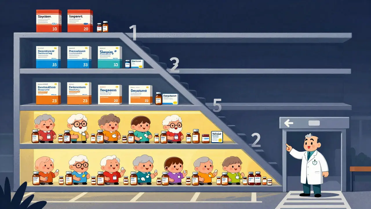 Illustration of tiered drug costs with seniors choosing affordable lower levels