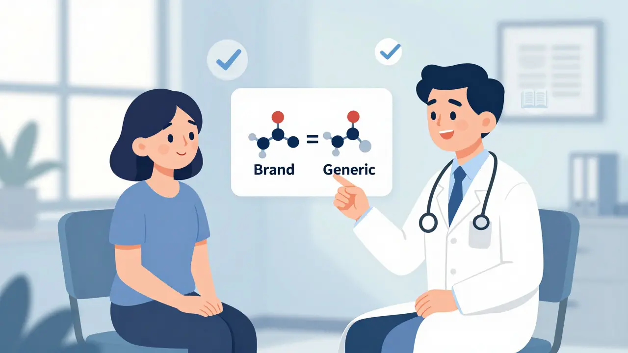 Médecin expliquant l'équivalence des médicaments à un patient