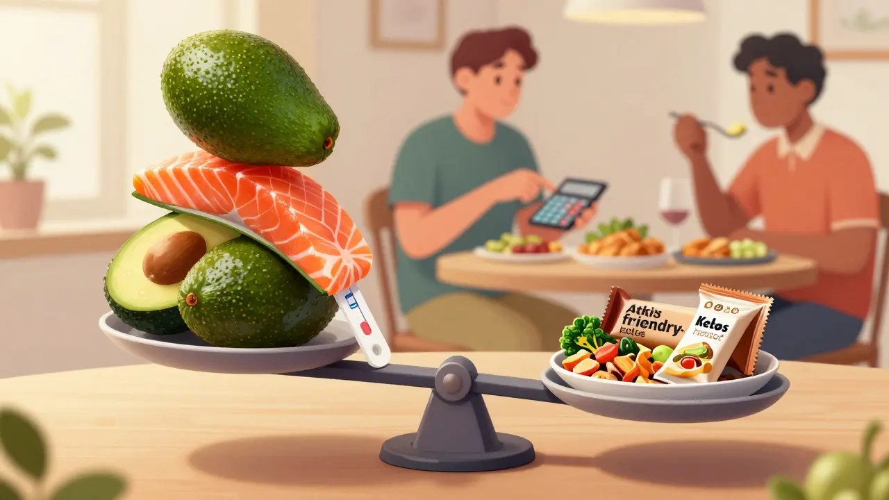 Métaphore des coûts et de la flexibilité : ingrédients chers du Keto vs repas équilibrés Atkins