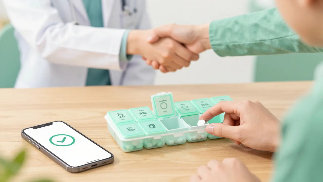 Organisation médicamenteuse saine : boîte à pilules ordonnée et technologie d'aide.