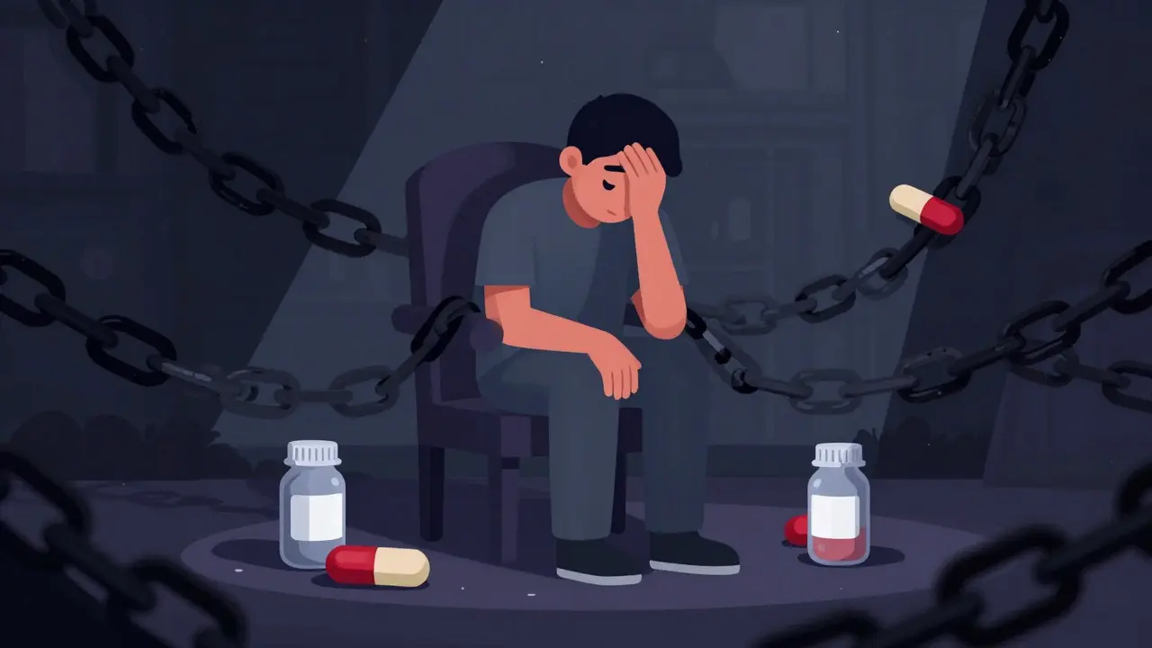Personnage enchaîné par la douleur et la dépendance aux médicaments