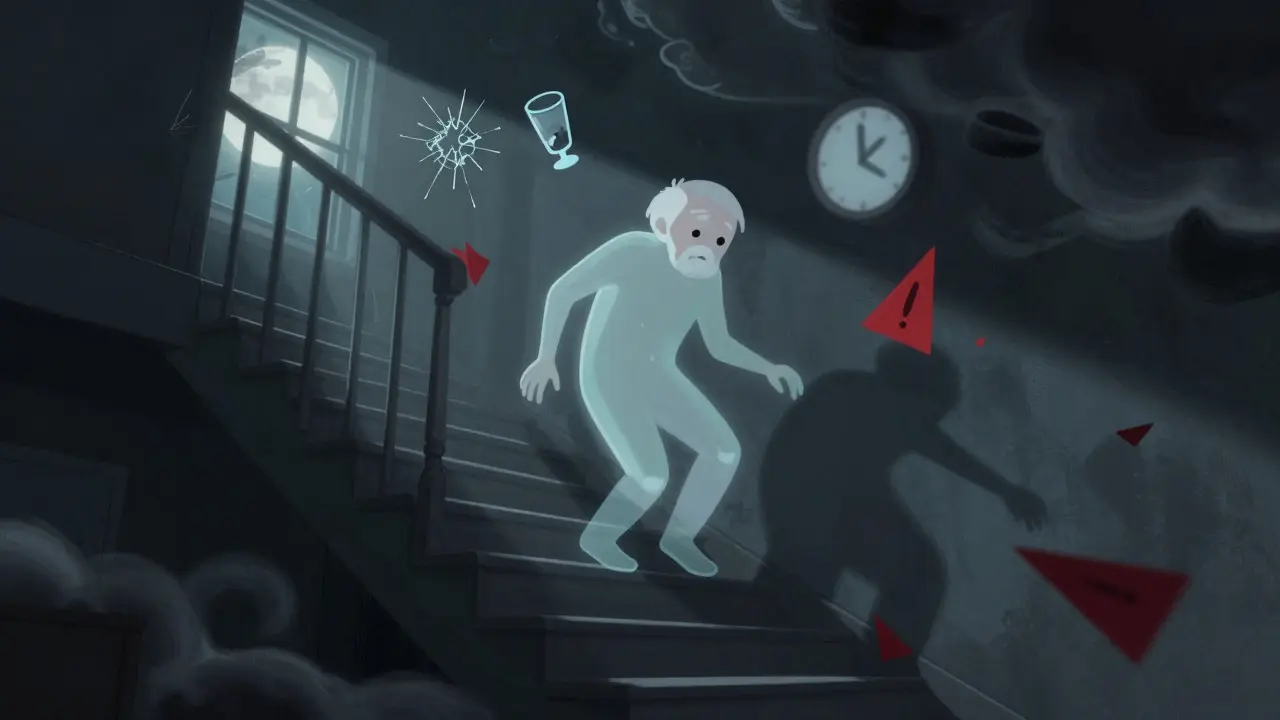 Personne âgée tombant dans l'escalier, illustrant les risques de chute nocturne