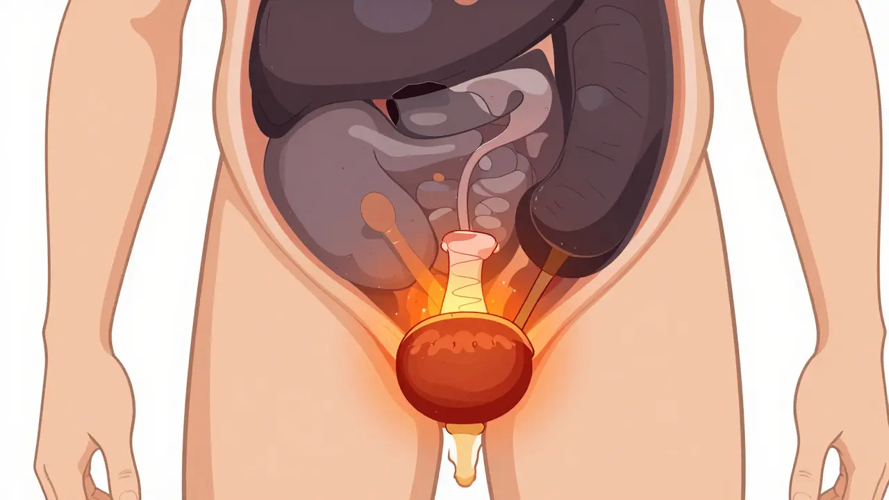 Vue stylisée d'une vessie distendue et bloquée par une prostate élargie