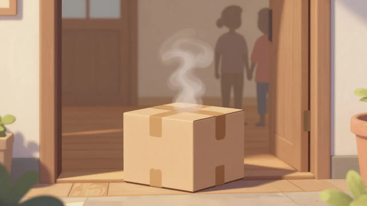Colis neutre sur un seuil de porte avec une silhouette heureuse en arrière-plan