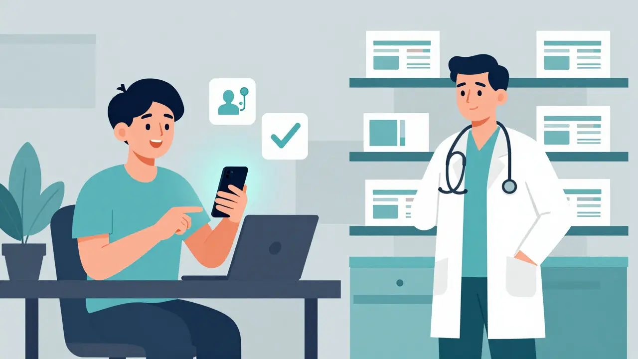 Comparaison cartoon entre la consultation en ligne d'un patient et l'achat professionnel en clinique.