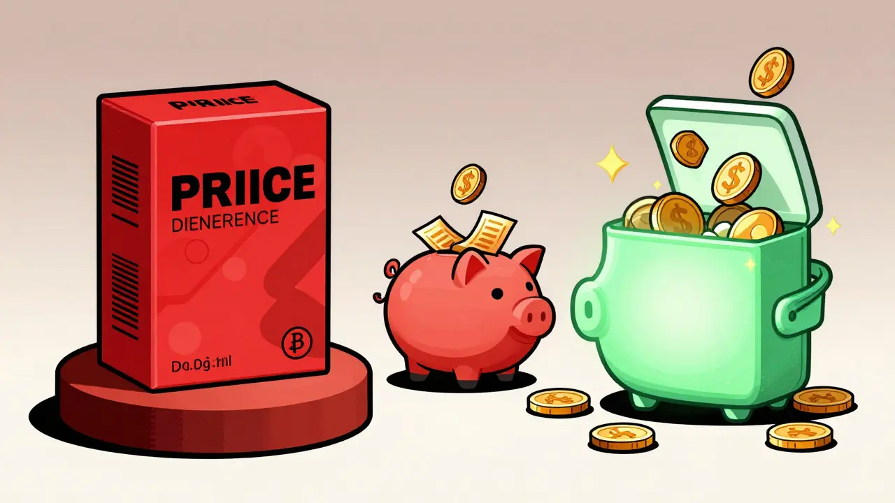 Comparaison visuelle entre un médicament de marque coûteux et un générique économique avec économies