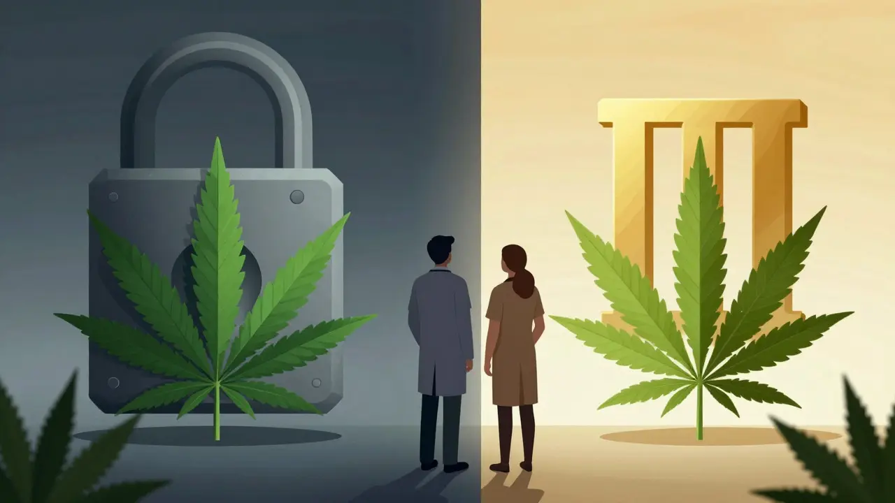 Illustration conceptuelle du reclassement fédéral du cannabis avec une feuille de chanvre