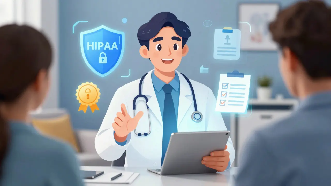 Médecin virtuel sur tablette avec icônes de sécurité HIPAA et vérification médicale