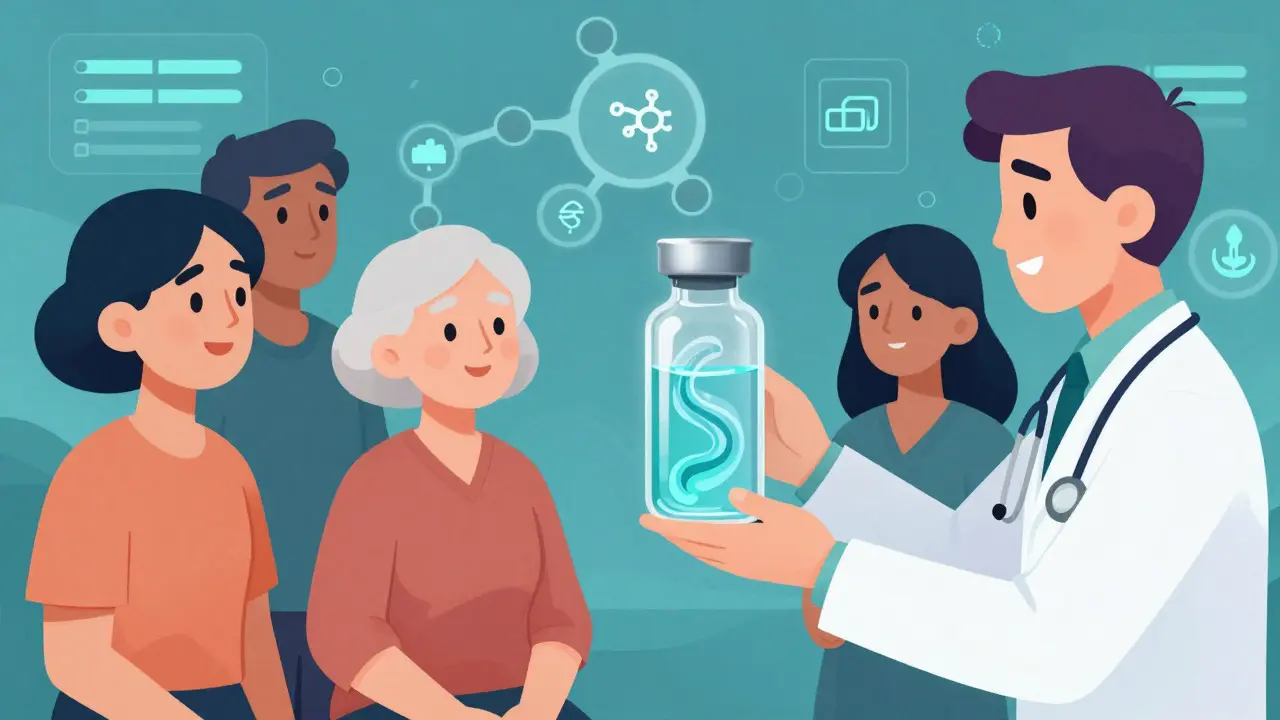 Patients recevant des traitements biologiques abordables illustrés par des flacons futuristes