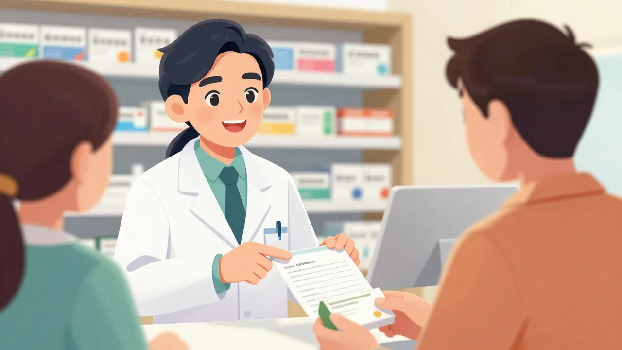 Pharmacien expliquant la réconciliation médicamenteuse à un patient