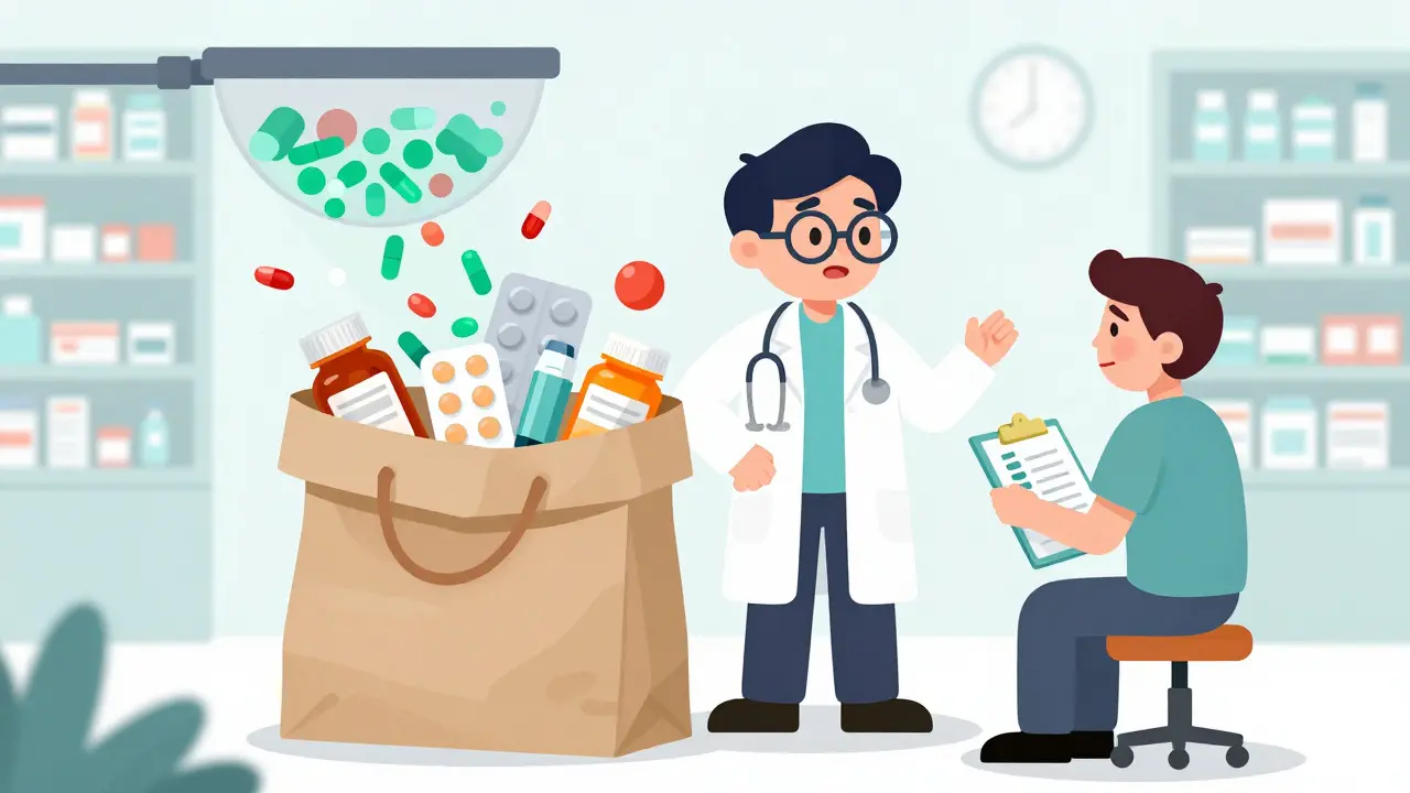 Pharmaciste et patient examinant un sac de médicaments pour éviter les interactions dangereuses