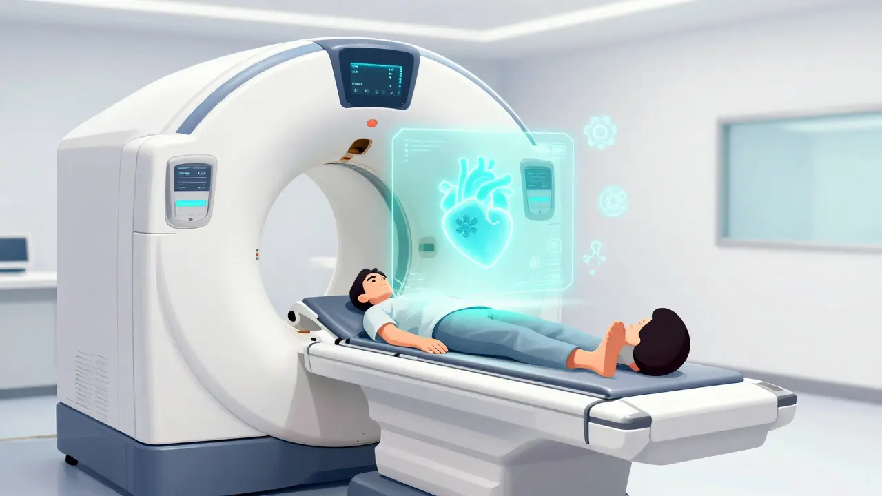 Scanner cardiaque futuriste avec analyse IA et hologramme