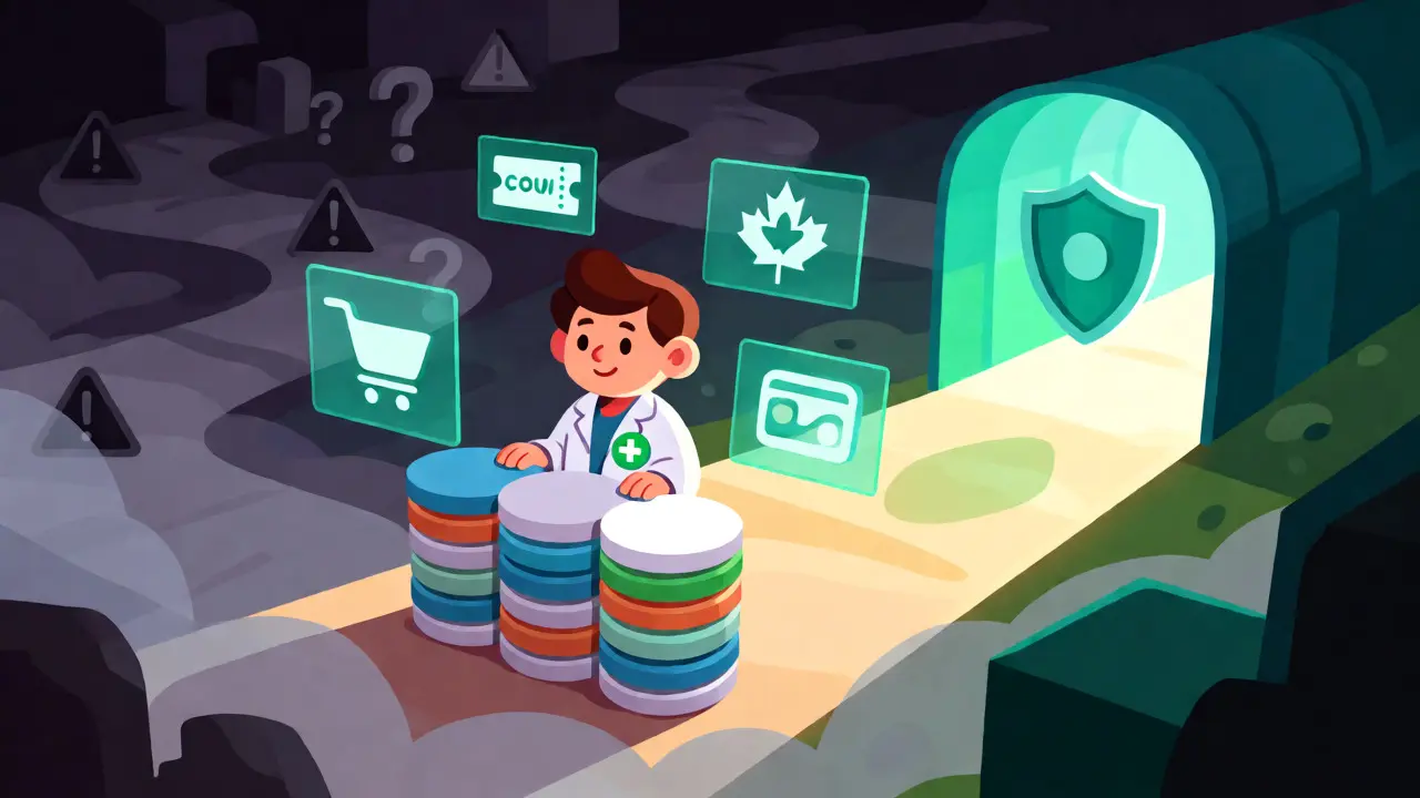 Illustration d'un marché en ligne avec des chemins sûrs et risqués pour acheter des médicaments.